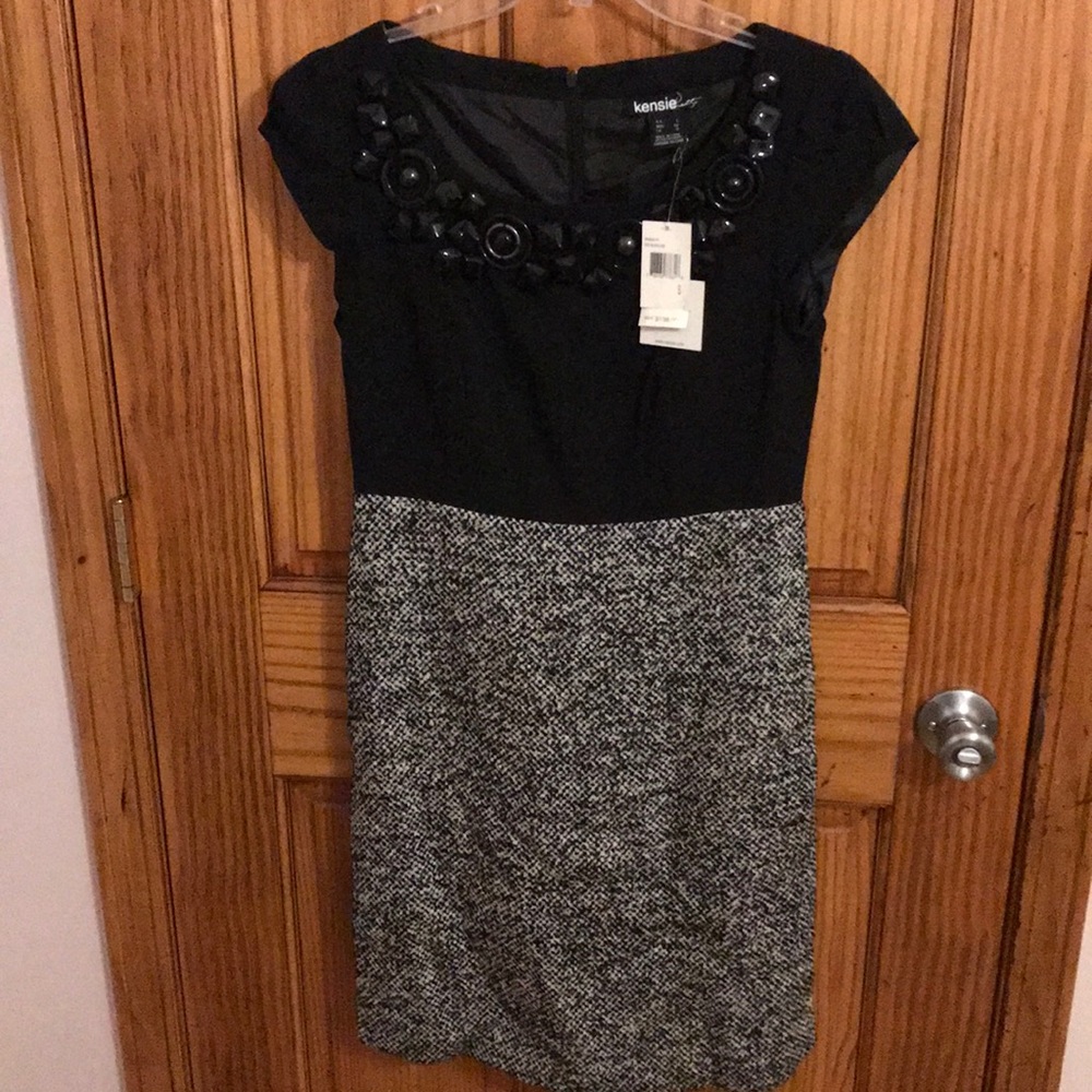 NWT! Vintage Kenzie Pretty Black Beaded Houndstooth Dress! Size Small #y2k